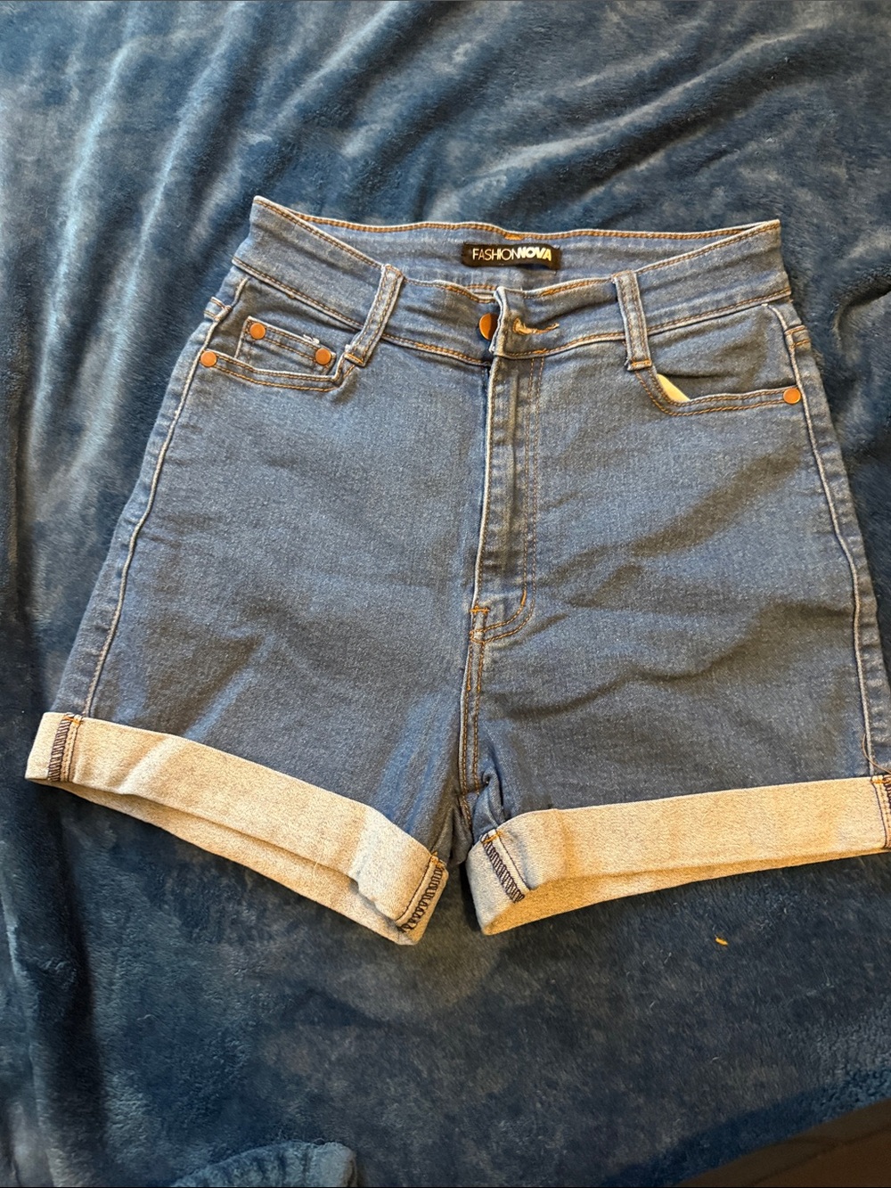Fashion Nova Rolled Cuff High-Rise Blue Denim Shorts